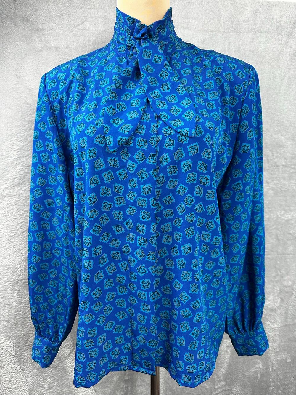Vintage 70s Country Sophisticates by Pendleton Blue Tie Bow Blouse Retro - 14